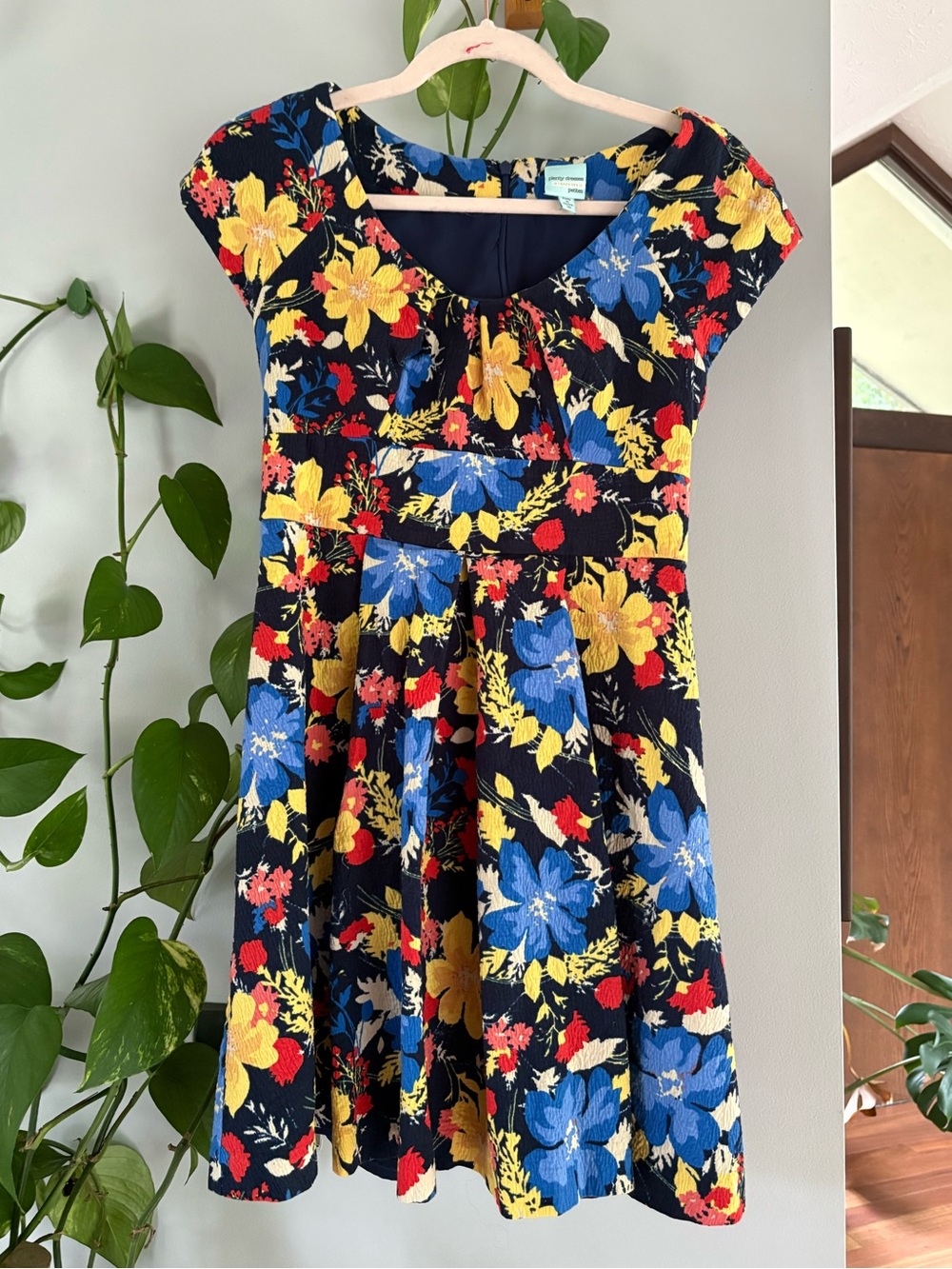 Tracy Reese Floral Fit & Flare Dress in Navy, Yellow & Blue